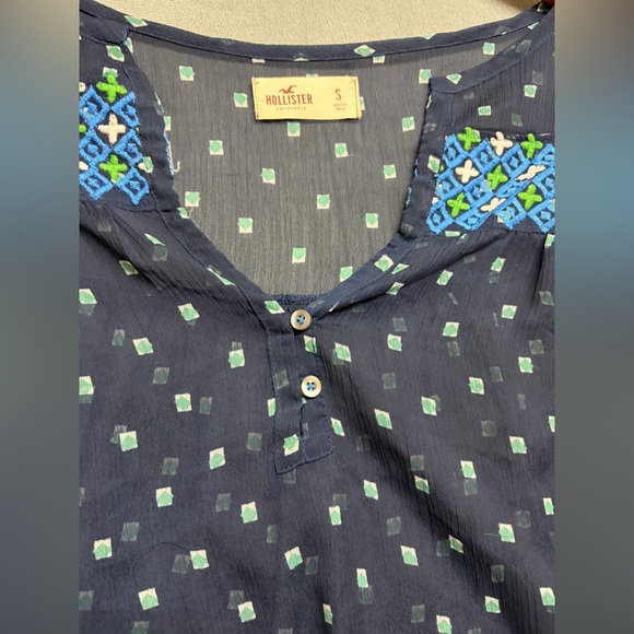 Hollister Navy Sheer Boho Embroidered Blouse Women’s Small Long Sleeve Top - Picture 14 of 16